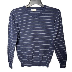 British Khaki Men’s Navy Striped V-Neck 100% Cotton Long Sleeved Sweater Sz S